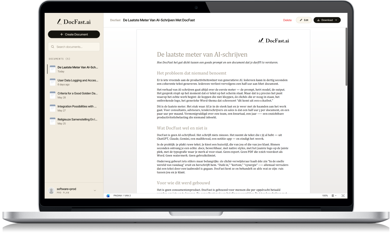 DocFast in gebruik: een document met huisstijl klaar voor download op een laptop.